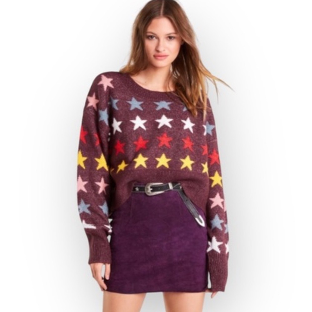 WILDFOX  Couture Rainbow Star Elektra Knit Sweater Crushed Berry size small NWT